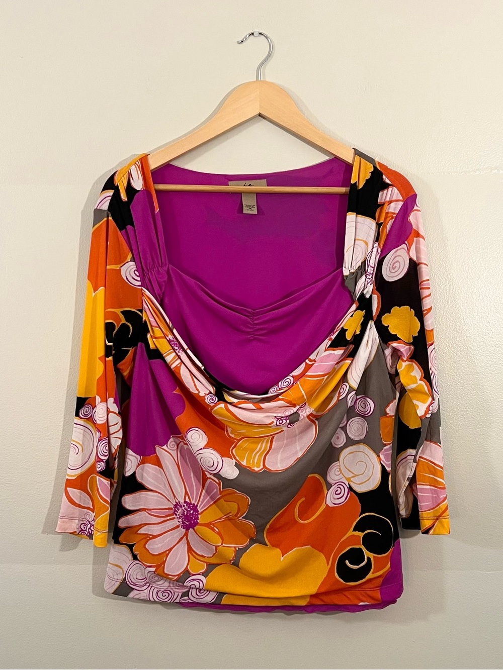 Y2K I.E. vibrant purple orange floral cowl neckline blouse 2000’s bold whimsy